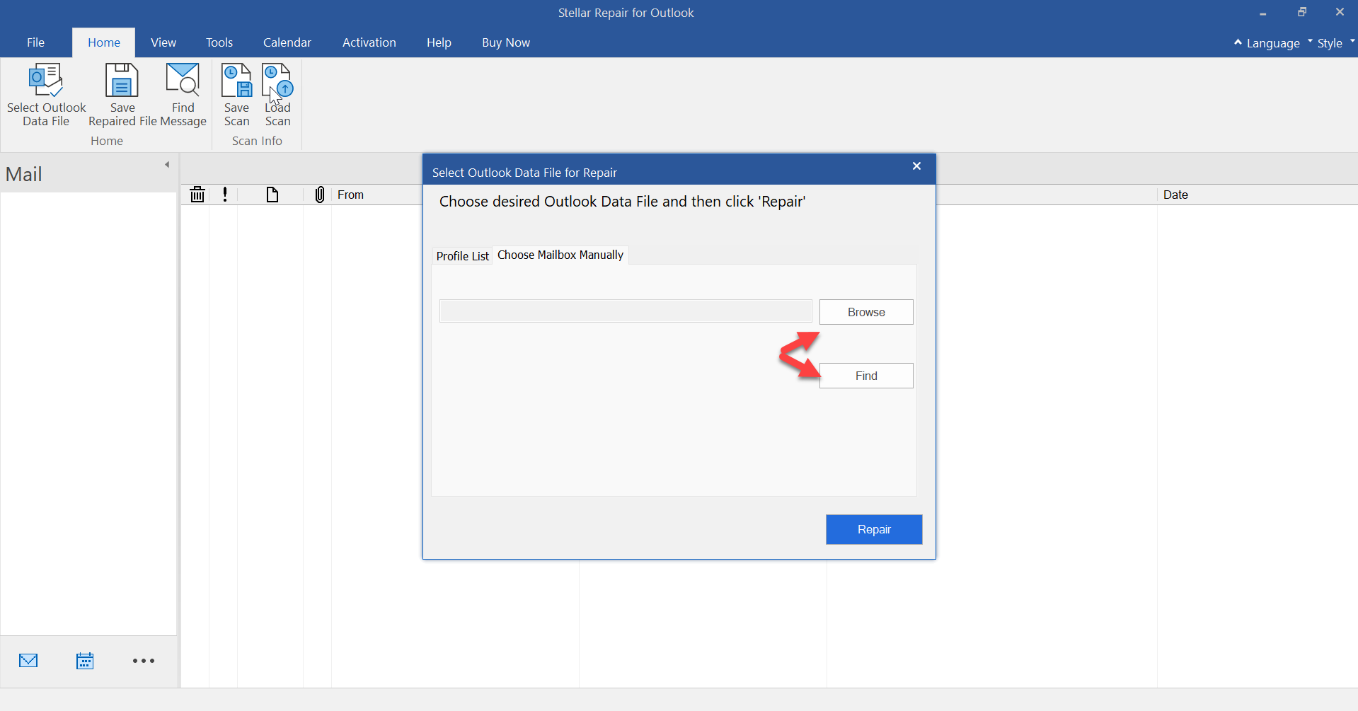search option in Stellar Repair for Outlook 